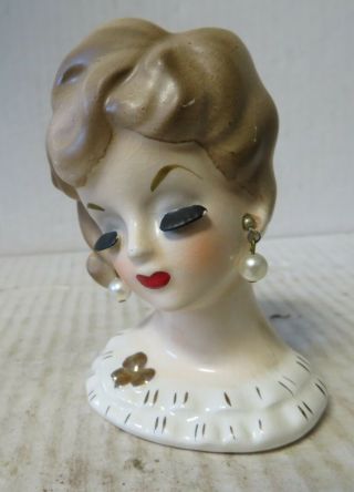 Vintage Napco Lady Head Vase C5937 3 1/2 " Tall Gold Pearl Earrings & Necklace