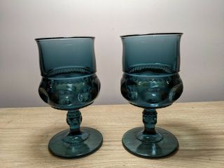 2 Vintage Indiana Wine Glass Smoke Blue Kings Crown Thumbprint 5 3/4 " Goblets