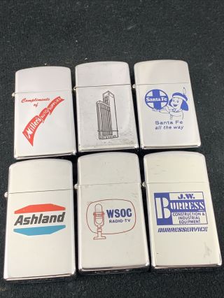 6 Vintage Slim Zippo Lighters Allied Chemical,  Ashland,  Santa Fe Railway,  Wsoc