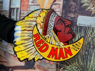 Old Vintage Indian Red Man Chew Tobacco Porcelain Enamel Heavy Metal Sign Cigar