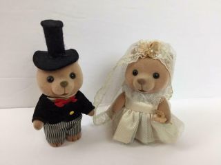 Vintage Pair Russ Flocked Figurines Wedding Bears Bride & Groom Couple