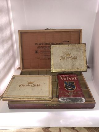 2 Vintage Chesterfield Tin Metal Boxes,  1 Velvet Pipe And Cigarette Tobacco Tin