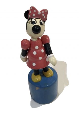 Vintage Disney Minnie Mouse Dancing Push Button Puppet Wood Toy Wooden