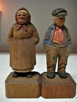 Vintage Hand Carved Painted Wood Folk Art Old Man & Woman Figures