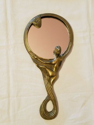 Vintage Art Nouveau Brass Metal Nude Hand Mirror