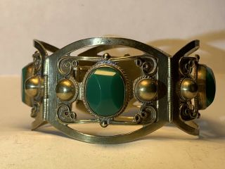Vintage Taxco Sterling Silver 925 & Carved Green Oval Stone 4 Panel Bracelet