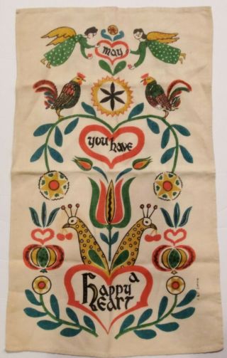 Vtg 100 Linen Kitchen Towel May You Have A Happy Heart 27.  5 " X16 " Dresser Scarf