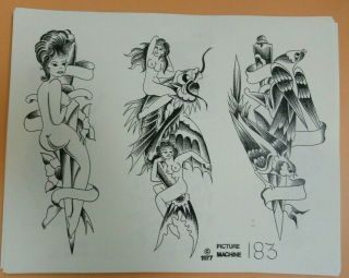 Vintage 1977 Picture Machine Spaulding Rogers Tattoo Flash Sheet 183 Nude Knives