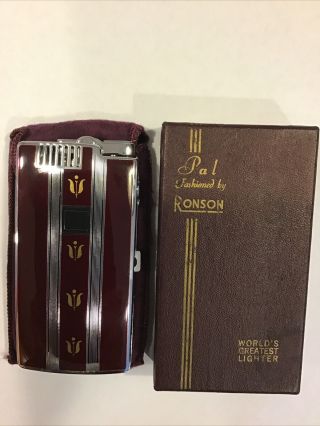 Vintage Art Deco Ronson Pal Cigarette Case Lighter W/ Tulip Motif Mib