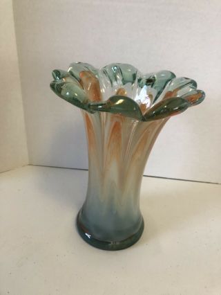 Vintage Hand Blown Art Glass Vase Small Blue Green Orange 6” Vgc