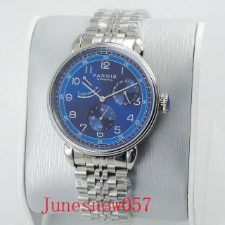 Parnis 42mm Blue Dial Power Reserve Indicator Automatic Men Watch Date Round
