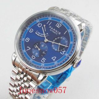 PARNIS 42mm Blue Dial Power Reserve Indicator Automatic Men Watch Date Round 3