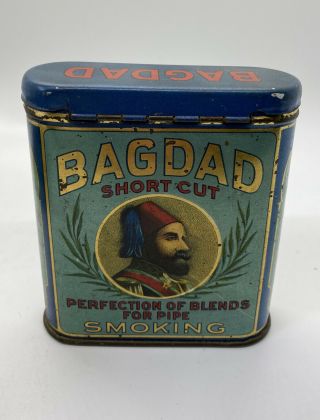 Antique Bagdad Short Cut Vertical Pocket Tobacco Tin Can Vintage 3 3/4”