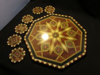 Vintage Inlaid Wood Marquetry Taracea Spain Tray And Coaster 1970s