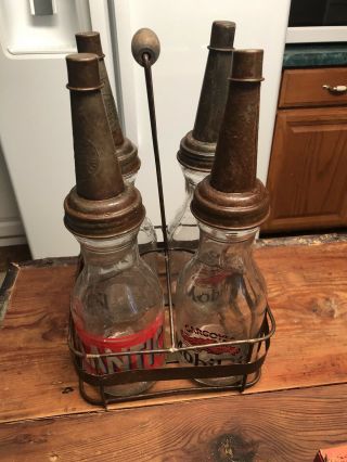 Vintage Motor Oil Bottle Rack With 4 Oil Bottles 3 Mobiloil & 1 Atlantic