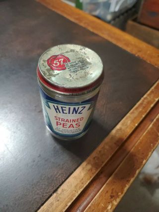 Vintage Heinz 57 Baby Food Paper label Jar & Lid Strained Peas 2