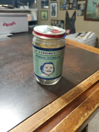 Vintage Heinz 57 Baby Food Paper label Jar & Lid Strained Spinach 3