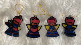 Set Of 4 Vintage Plastic Stained Glass Angels Ornaments 3 "