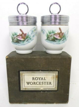 Vintage Pair Royal Worcester England Egg Coddler Cups W/ Box Birds Chrome Lids