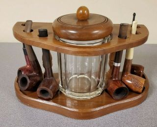 Vintage 6 Pipe Walnut Wood Stand Rack Holder Humidor - Six Pipes