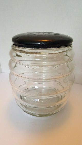 Rare Vintage Antique Bee Hive Blown Glass Tin Lid Tobacco Cigar Biscuit Jar