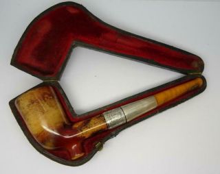 Antique English Hallmarked Silver Smoking Pipe With Amber,  Case C1896