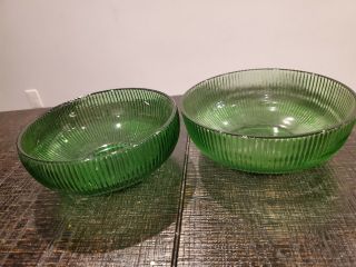 2 Vintage Ribbed Green Glass Bowl E.  O.  Brody Co Cleveland Ohio USA Made 6 3/8” 2