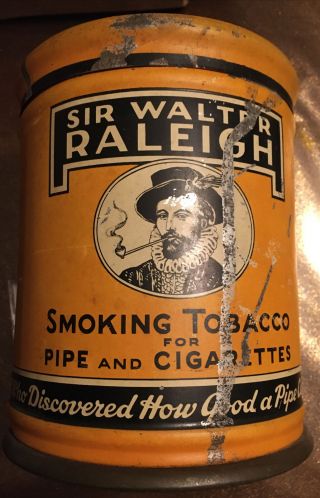 Vintage Orange Sir Walter Raleigh Smoking Tobacco Tin Can With Out Tax Stamp T21