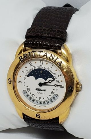 Mens Brittania Gold Tone Moon Phase Calendar Brown Leather Analog Watch B4 2