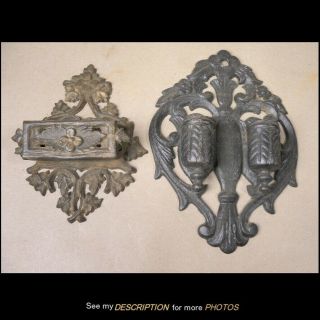 2 Antique Advertising Victorian Cast Iron Wall Match Safe Floral Embossing