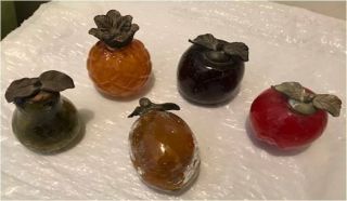 Vintage Hand Blown Crackle Glass Fruit Metal Leaves Pear Pineapple Apple More Vg