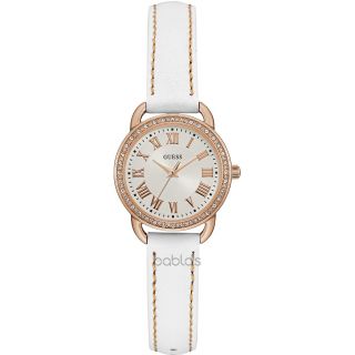Guess Rose Gold Tone,  White Leather Band,  Yellow Stitches,  Crystals,  Watch W0959l3