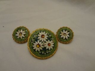 Antique Vintage Italian Italy Micro Mosaic Floral Brooch Pin & Clip Earrings