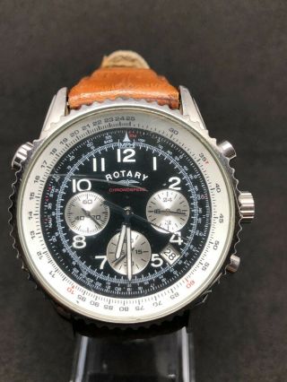 Rotary Gs03351/19 Gents Stainless Steel Chronograph Watch Brown Leather Strap