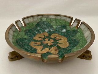 Vintage Salvador Teran Mid - Century Modern Mcm Brass Green Mosaic Footed Ashtray