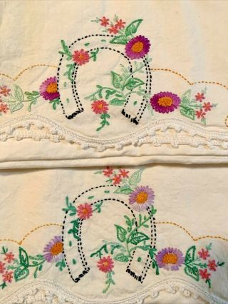 Vintage Embroidered Pillowcases Set Horseshoes Flowers White Crochet Trim