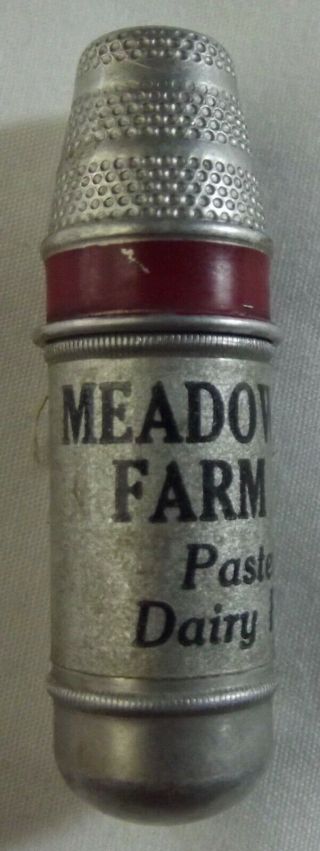 Meadow Brook Farm Dairy Vintage Advertising Silver Thimble Thread Sewing Kit Set