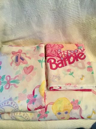 Vintage 1995 Barbie 3 Piece Twin Sheet Set & Standard Pillow Case Euc
