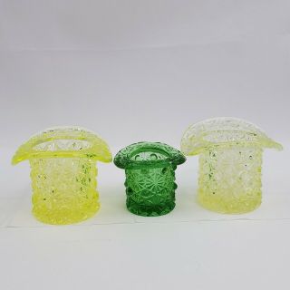 Set Of 3 Vtg Fenton Art Glass Vaseline Green Daisy & Button Top Hats Candy Dish
