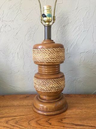 Vintage Table Lamp Nautical Theme Ceramic Made To Look Like Rope & Wood