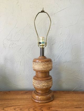 Vintage Table Lamp Nautical Theme Ceramic made to Look Like Rope & Wood 2