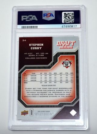 STEPHEN CURRY 2009 - 10 UPPER DECK UD DRAFT EDITION ROOKIE PSA 9 34 QTY AVL 2