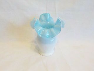 Vintage Fenton Cased Glass Ruffled Edge Vase White W/ Blue Interior