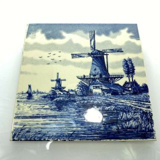 Windmill Toile Vintage Delft Blue Hand Painted Made In Holland Tile 6x6