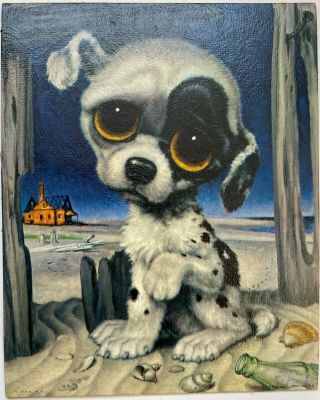 Vintage 1960s Gig Pity Puppy Picture Sad Big Eye Dog Art Litho