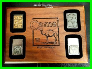 4 Vintage Camel Zippo Lighters In Wooden Plaque Camel Advertising