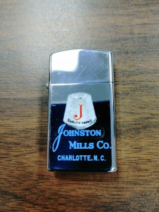 Vintage 1966 Zippo Slim Lighter Town & Country Johnston Mills Co.  Charlotte,  Nc
