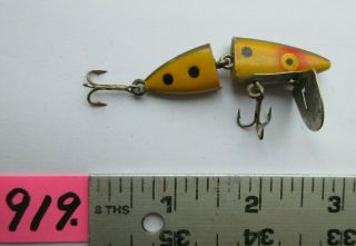 919) Vintage Rocky Fishing Lure,  Approx.  2 1/4 " Long.  Yellow/black/red.