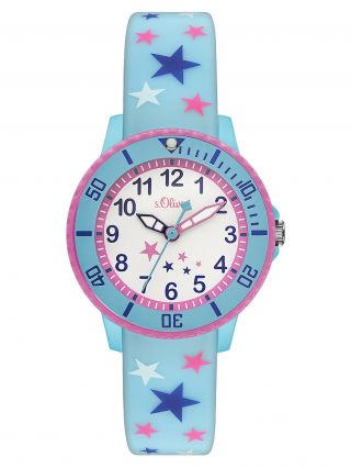 S.  Oliver Mädchen Kinder Silikon Armbanduhr Sterne Blau Weiß Pink So - 3179 - Pq