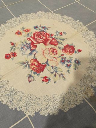 Vintage Mid Century Print Tablecloth Floral Bouquet Pink Red Blue 72 " X 50 "